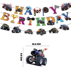 Jajajuegos Monster Truck Birthday Party Decorations – 2 Truck Banners, 1 Bunting Garland, 6 Hanging Swirls