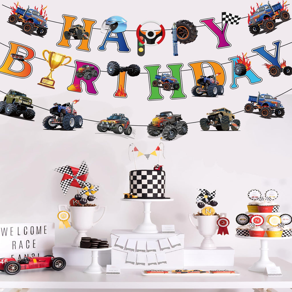 Jajajuegos Monster Truck Birthday Party Decorations – 2 Truck Banners, 1 Bunting Garland, 6 Hanging Swirls
