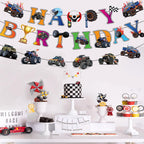 Jajajuegos Monster Truck Birthday Party Decorations – 2 Truck Banners, 1 Bunting Garland, 6 Hanging Swirls