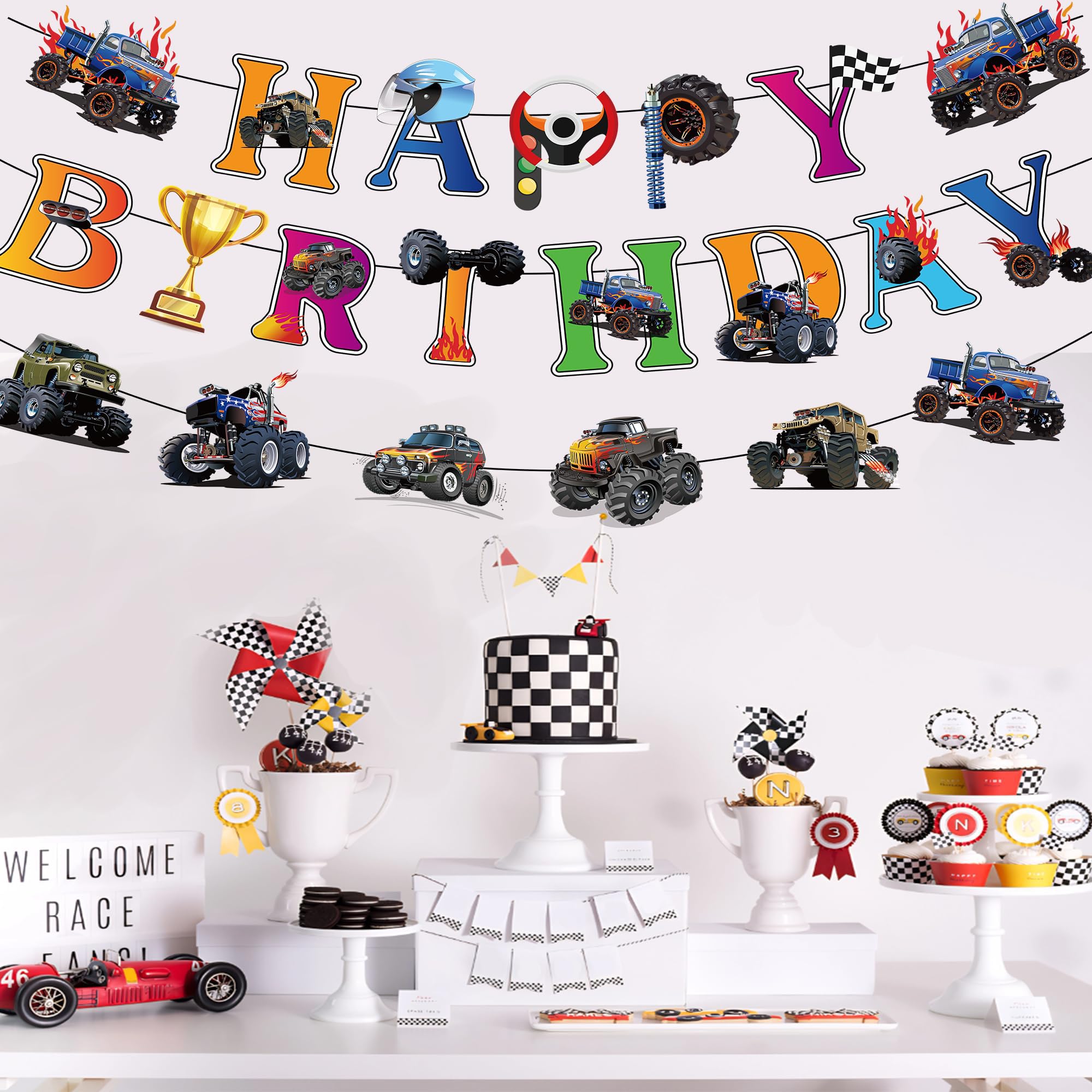 Jajajuegos Monster Truck Birthday Party Decorations – 2 Truck Banners, 1 Bunting Garland, 6 Hanging Swirls