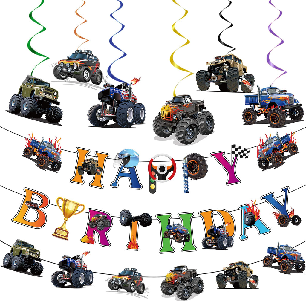 Jajajuegos Monster Truck Birthday Party Decorations – 2 Truck Banners, 1 Bunting Garland, 6 Hanging Swirls