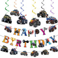 Jajajuegos Monster Truck Birthday Party Decorations – 2 Truck Banners, 1 Bunting Garland, 6 Hanging Swirls