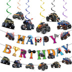 Jajajuegos Monster Truck Birthday Party Decorations – 2 Truck Banners, 1 Bunting Garland, 6 Hanging Swirls