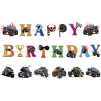 Jajajuegos Monster Truck Birthday Party Decorations – 2 Truck Banners, 1 Bunting Garland, 6 Hanging Swirls