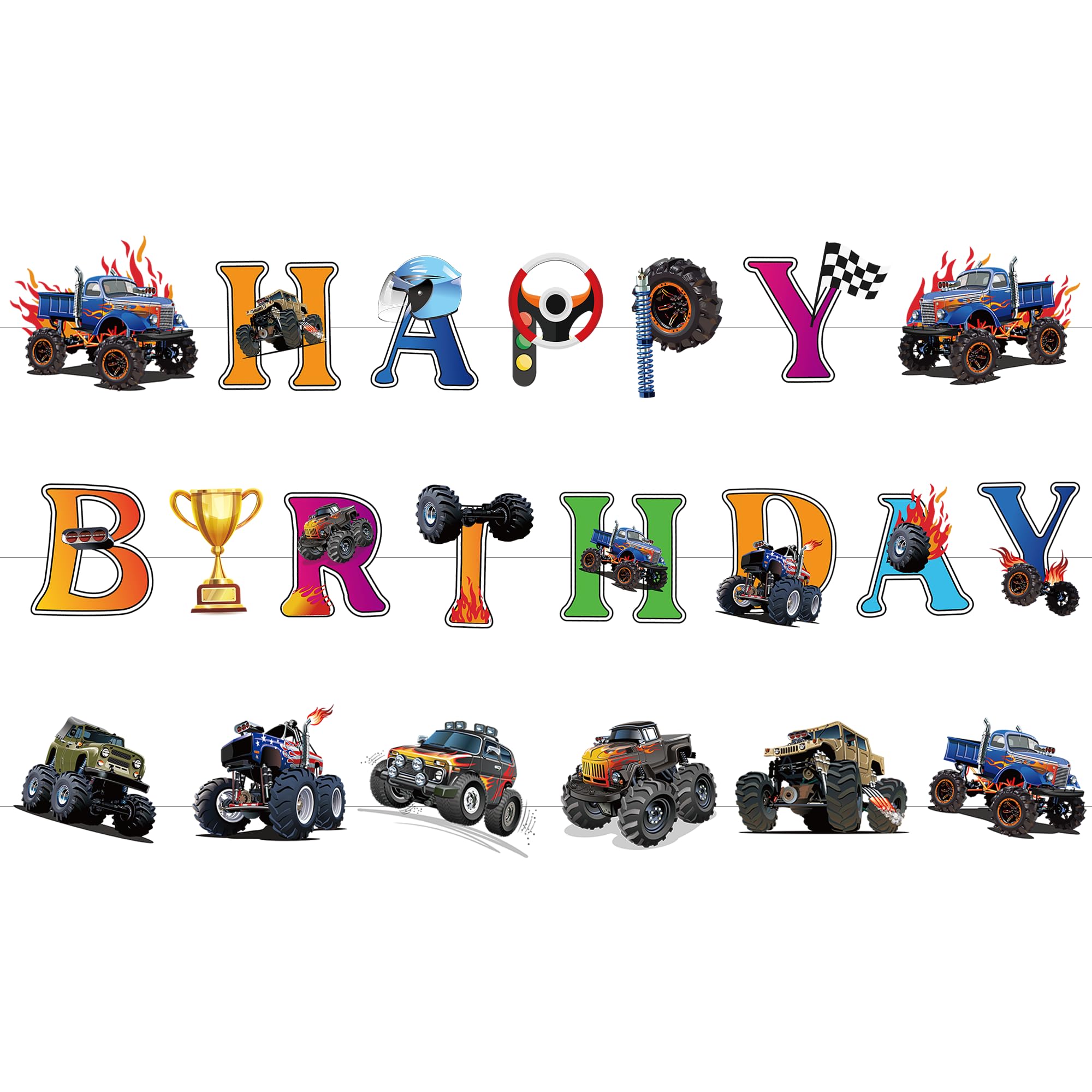 Jajajuegos Monster Truck Birthday Party Decorations – 2 Truck Banners, 1 Bunting Garland, 6 Hanging Swirls
