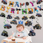 Jajajuegos Monster Truck Birthday Party Decorations – 2 Truck Banners, 1 Bunting Garland, 6 Hanging Swirls