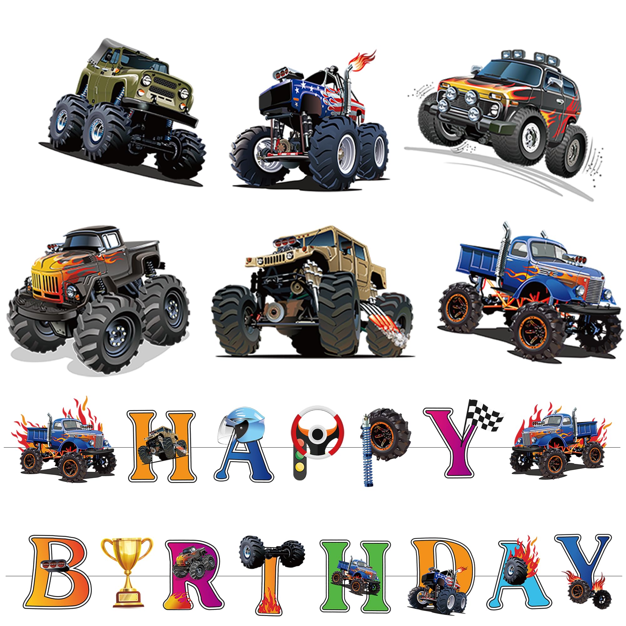 Jajajuegos Monster Truck Birthday Party Decorations – 2 Truck Banners, 1 Bunting Garland, 6 Hanging Swirls