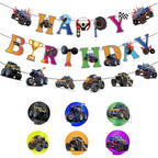 Jajajuegos Monster Truck Birthday Party Decorations – 2 Truck Banners, 1 Bunting Garland, 6 Hanging Swirls