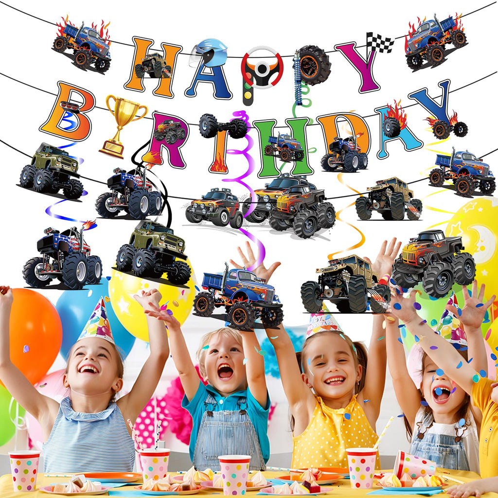 Jajajuegos Monster Truck Birthday Party Decorations – 2 Truck Banners, 1 Bunting Garland, 6 Hanging Swirls