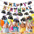 Jajajuegos Monster Truck Birthday Party Decorations – 2 Truck Banners, 1 Bunting Garland, 6 Hanging Swirls