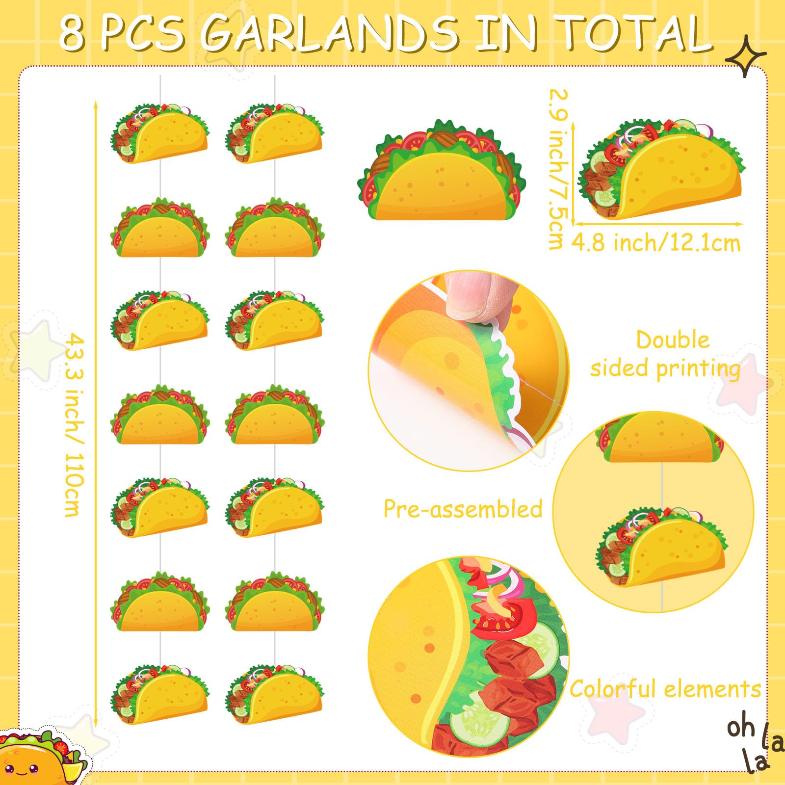 Janlaugh 8 Pcs Taco Banner Garland Fiesta Cinco de Mayo Party Decor