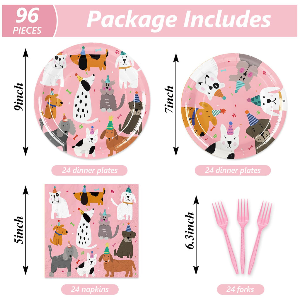 JarThenaAMCS 96-Piece Dog Birthday Tableware Set – 24 Dinner Plates, 24 Dessert Plates, 24 Napkins, 24 Forks