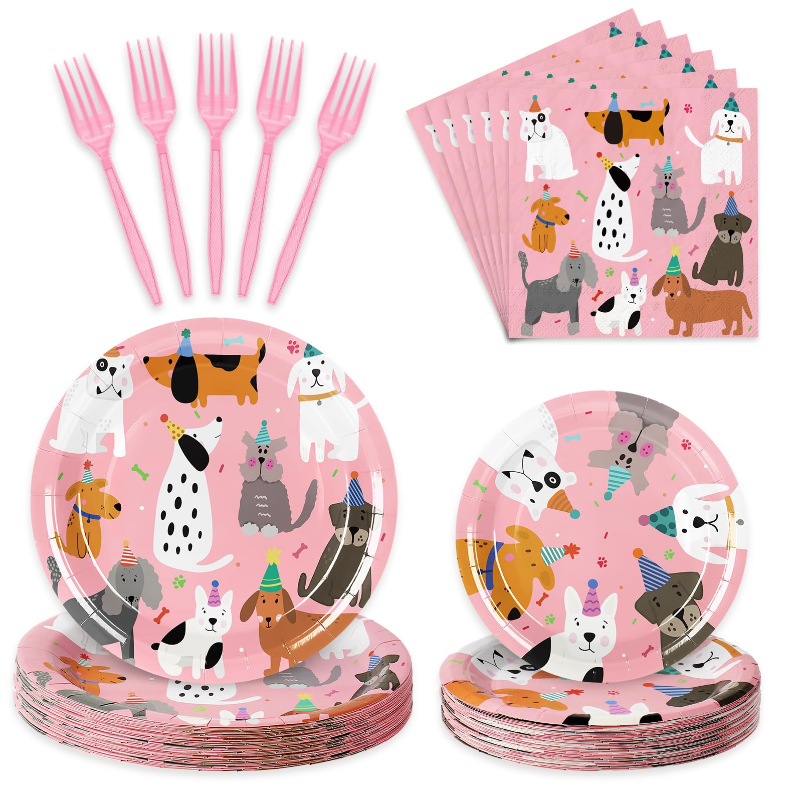 JarThenaAMCS 96-Piece Dog Birthday Tableware Set – 24 Dinner Plates, 24 Dessert Plates, 24 Napkins, 24 Forks