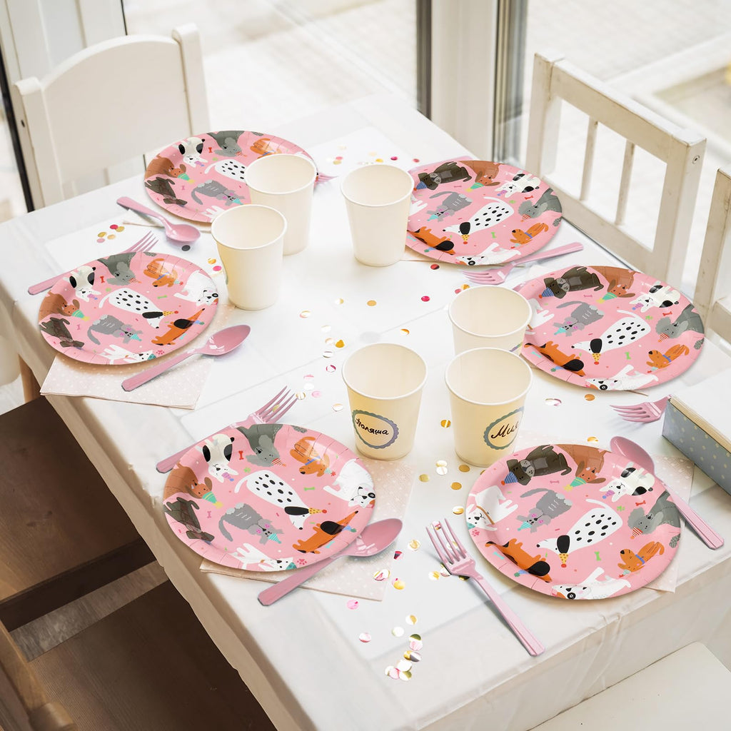 JarThenaAMCS 96-Piece Dog Birthday Tableware Set – 24 Dinner Plates, 24 Dessert Plates, 24 Napkins, 24 Forks