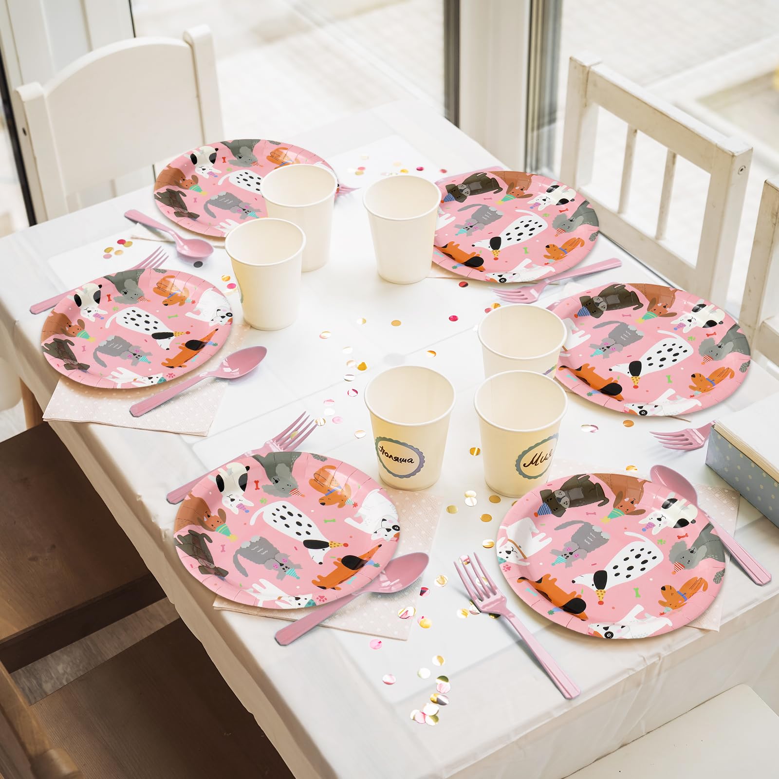 JarThenaAMCS 96-Piece Dog Birthday Tableware Set – 24 Dinner Plates, 24 Dessert Plates, 24 Napkins, 24 Forks
