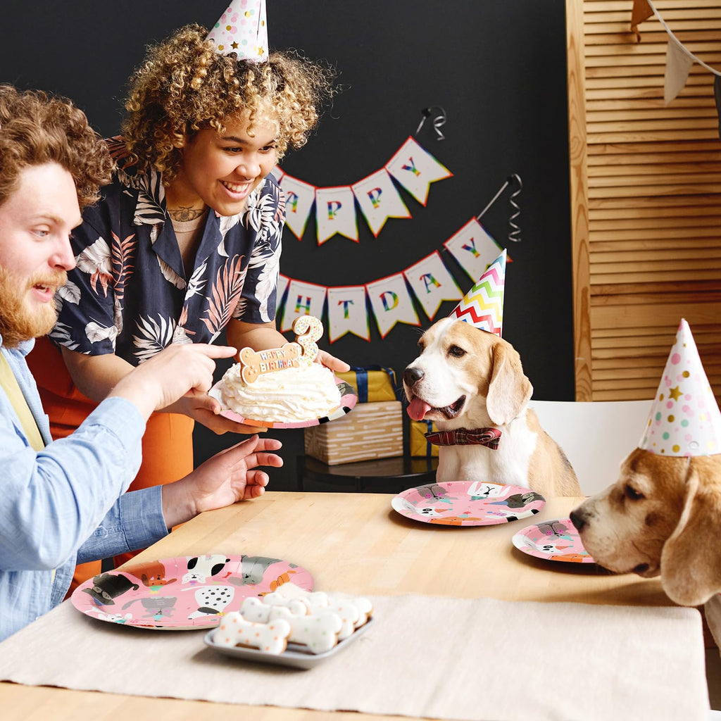 JarThenaAMCS 96-Piece Dog Birthday Tableware Set – 24 Dinner Plates, 24 Dessert Plates, 24 Napkins, 24 Forks