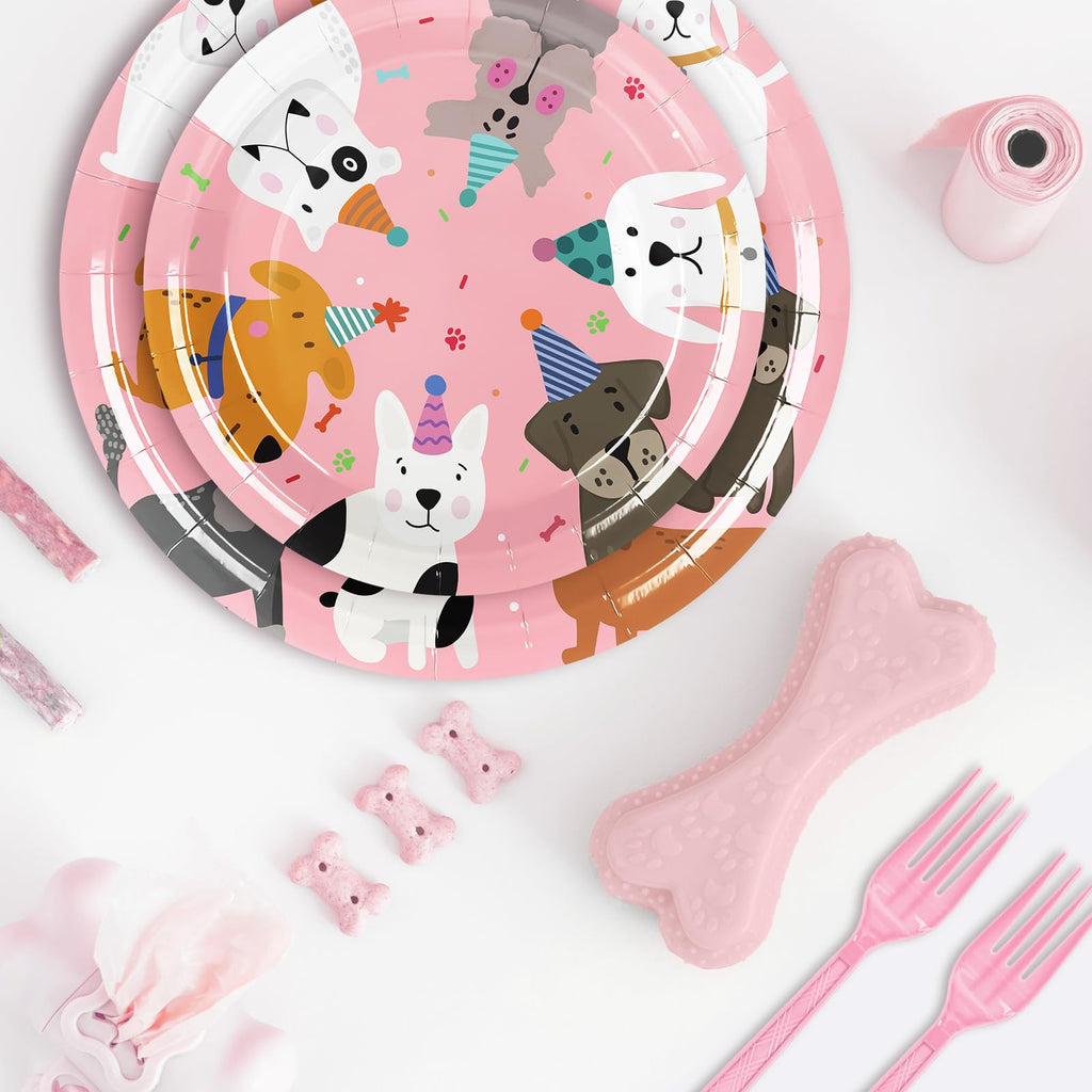 JarThenaAMCS 96-Piece Dog Birthday Tableware Set – 24 Dinner Plates, 24 Dessert Plates, 24 Napkins, 24 Forks