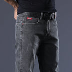 Men’s Slim Fit Casual Stretch Jeans – Korean Style Mid-Waist Trousers – Grey & Light Blue