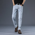 Men’s Slim Fit Casual Stretch Jeans – Korean Style Mid-Waist Trousers – Grey & Light Blue