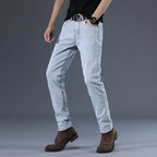 Men’s Slim Fit Casual Stretch Jeans – Korean Style Mid-Waist Trousers – Grey & Light Blue