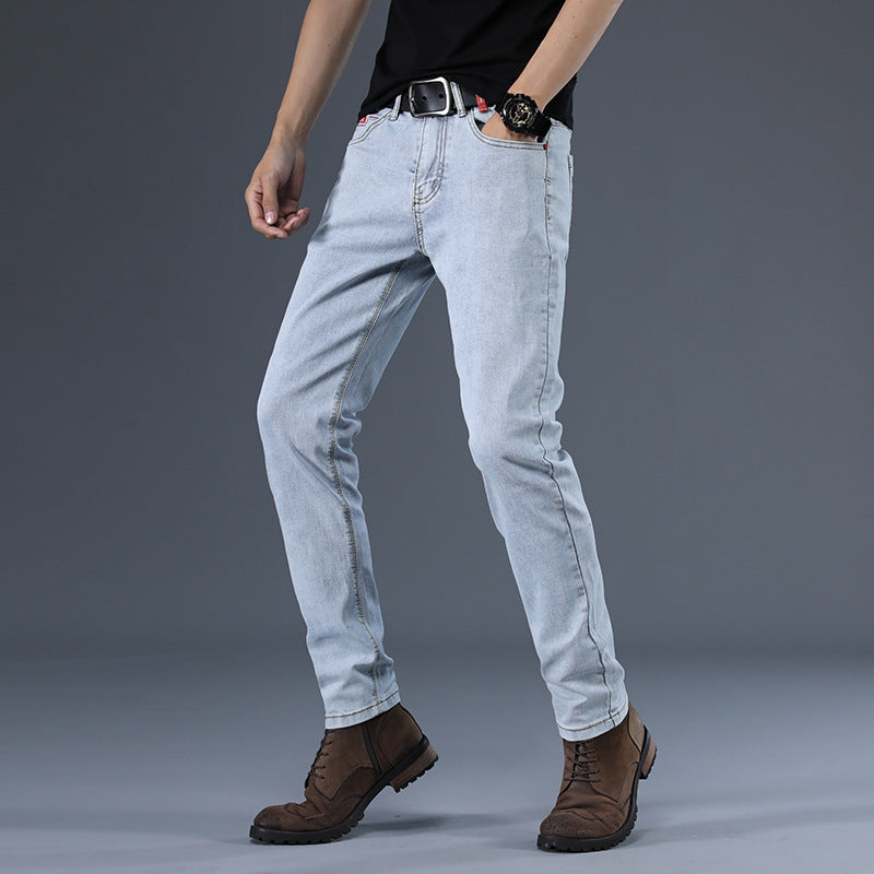 Men’s Slim Fit Casual Stretch Jeans – Korean Style Mid-Waist Trousers – Grey & Light Blue