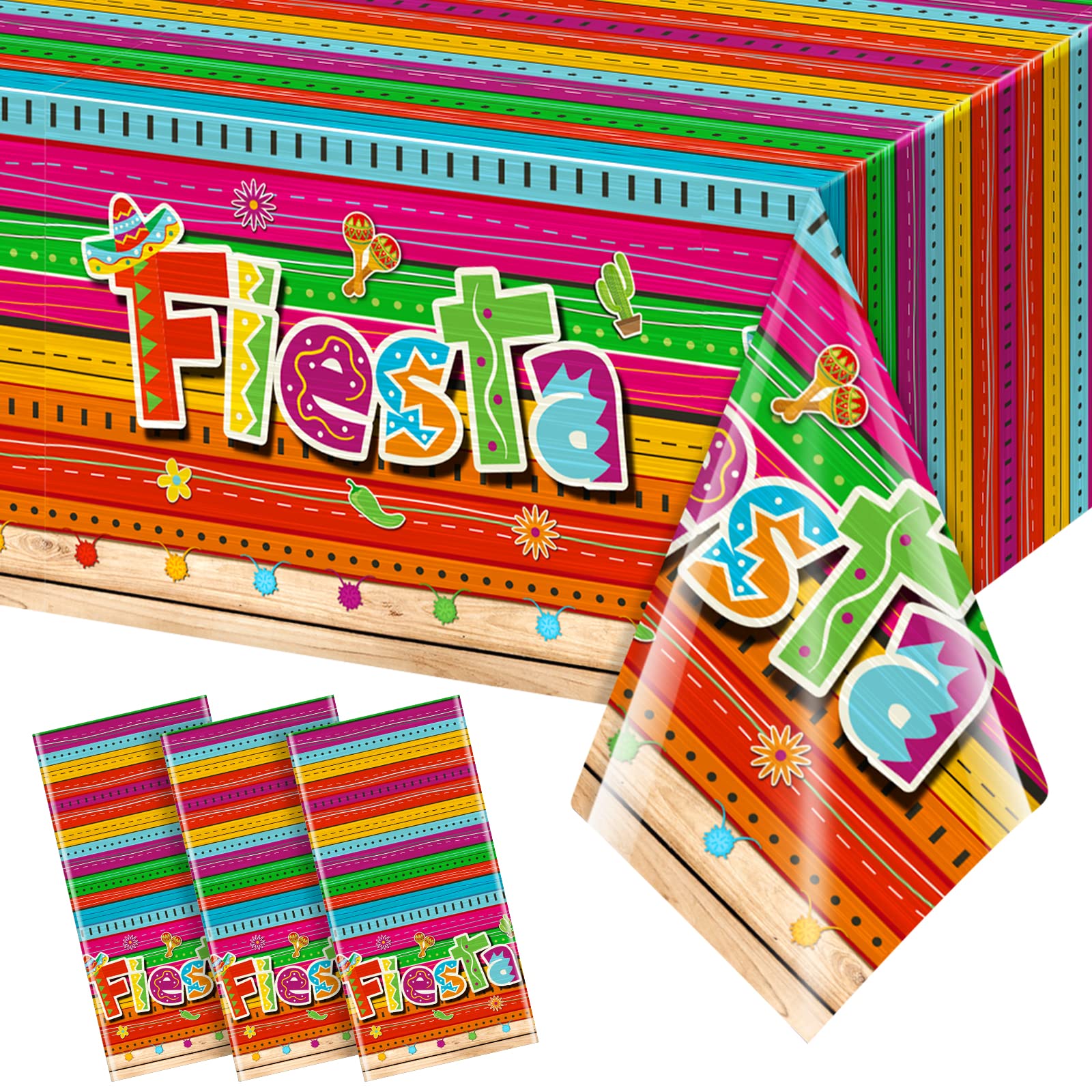 Jectivs 3-Piece Mexican Fiesta Tablecloth Set — 54 x 108 in, Cinco de Mayo Party Decor