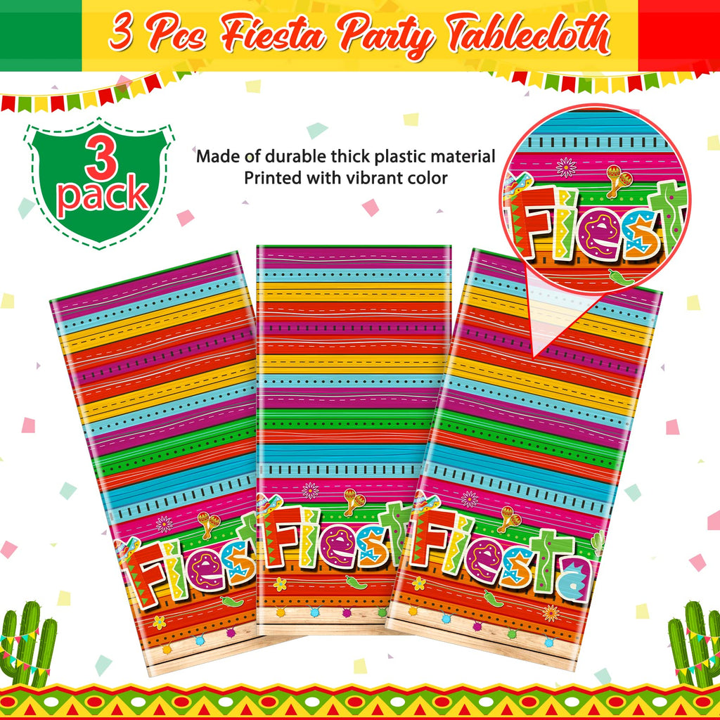 Jectivs 3-Piece Mexican Fiesta Tablecloth Set — 54 x 108 in, Cinco de Mayo Party Decor