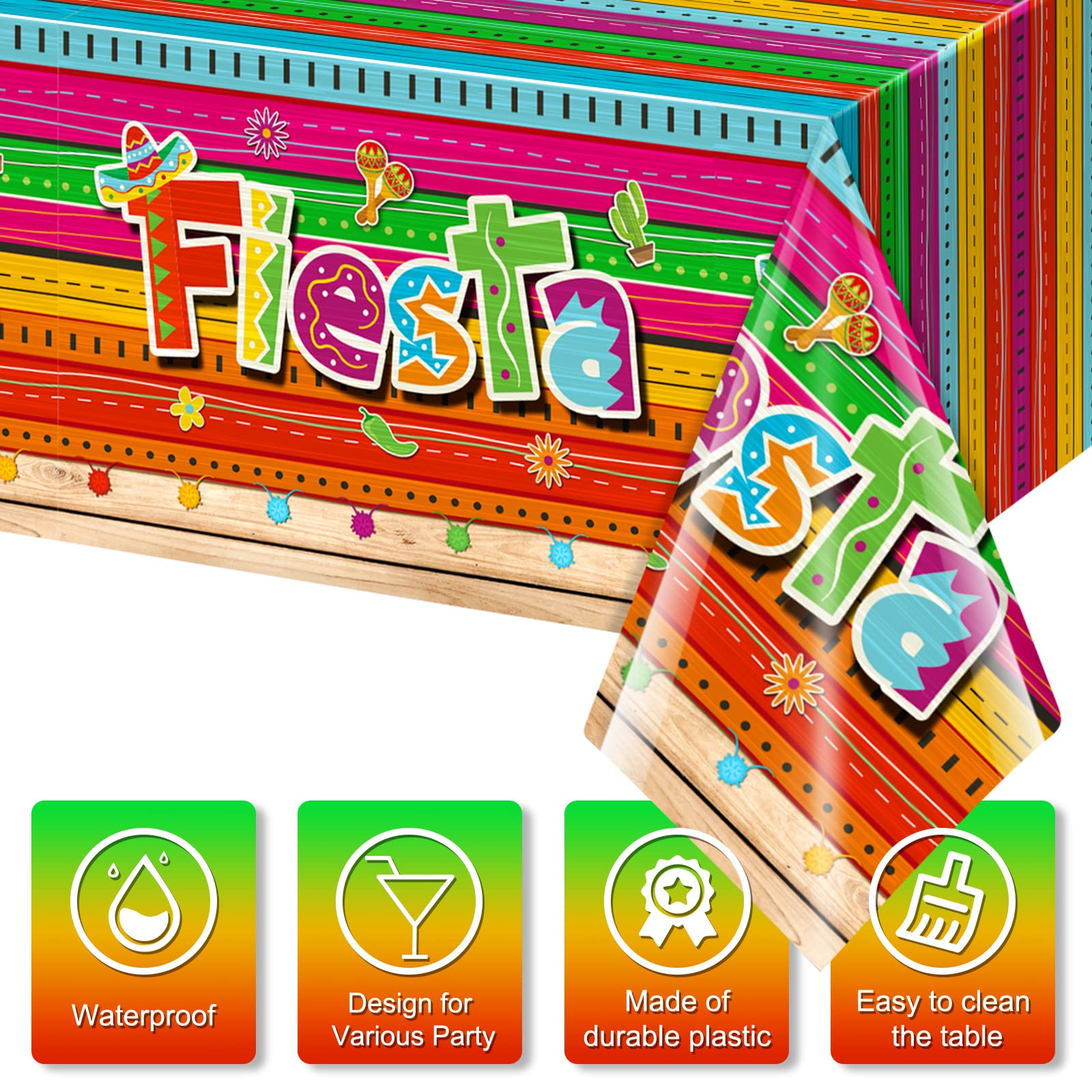 Jectivs 3-Piece Mexican Fiesta Tablecloth Set — 54 x 108 in, Cinco de Mayo Party Decor