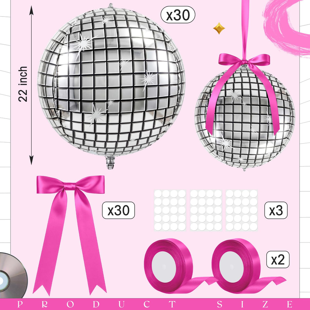 Jenaai 22-Inch Round Foil Balloons — 30-Pack with Satin Bows for Ceiling Decor (Disco)