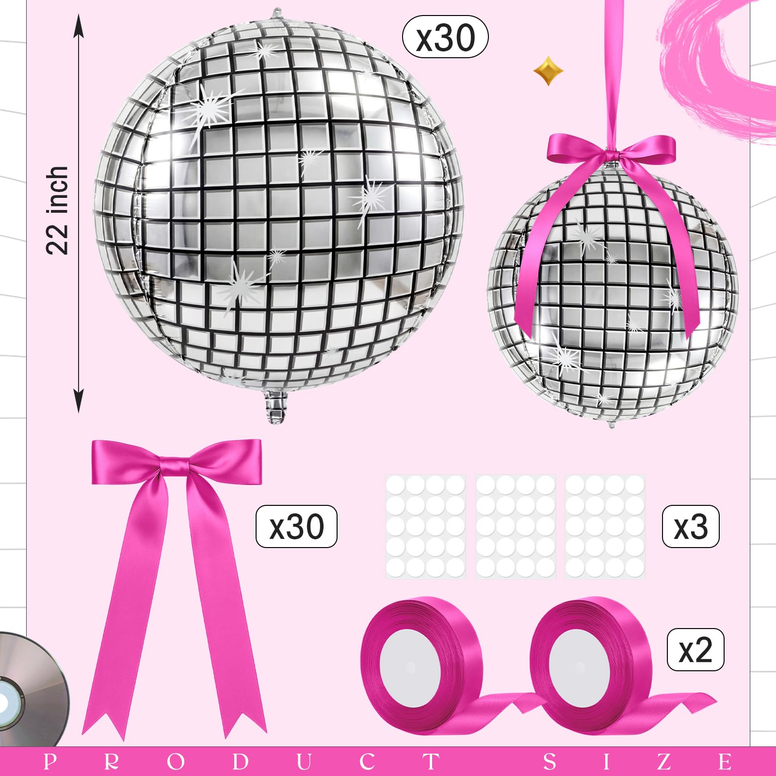 Jenaai 22-Inch Round Foil Balloons — 30-Pack with Satin Bows for Ceiling Decor (Disco)