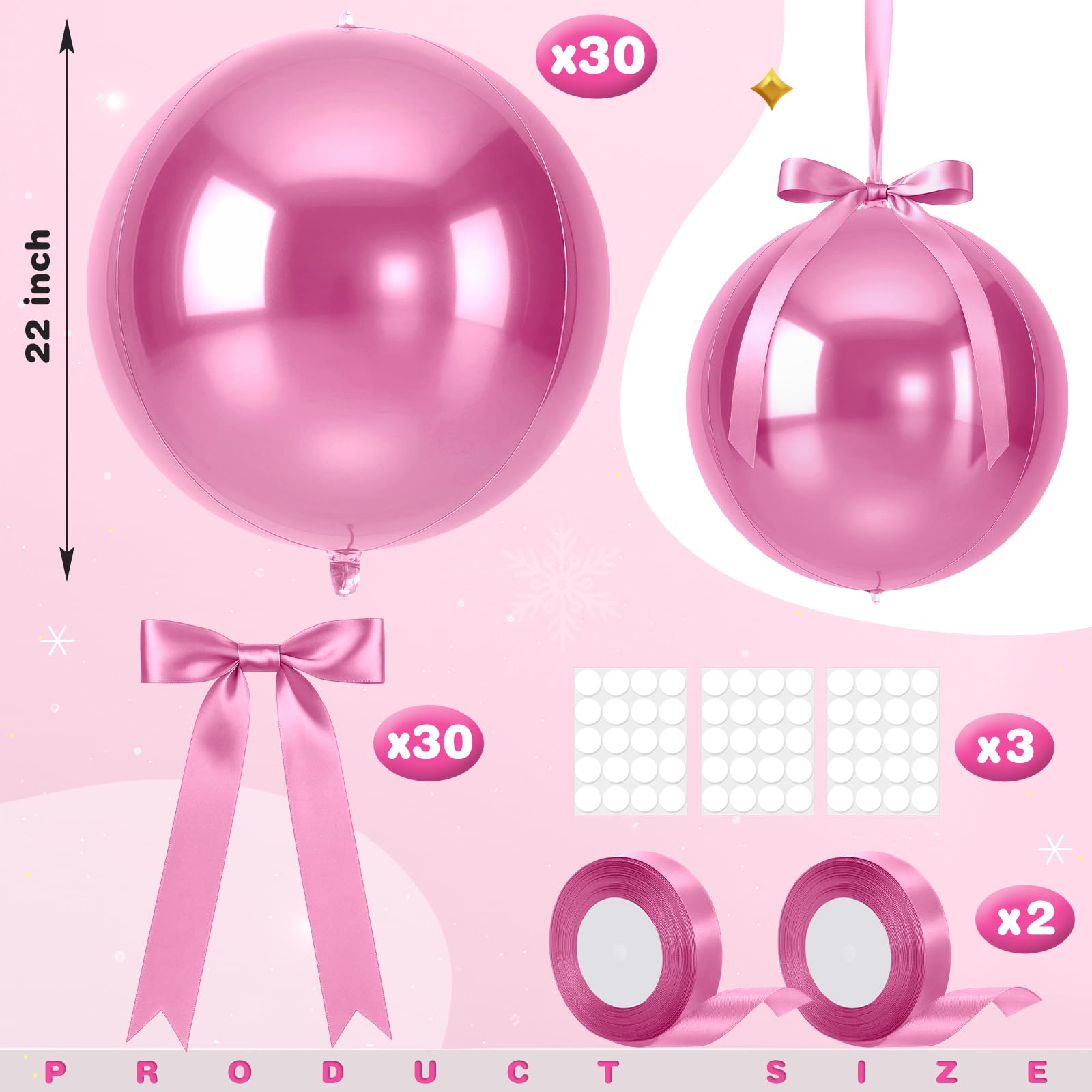 Jenaai 30-Pack 22" Pink 4D Foil Balloons with Satin Bows – Giant Round Party Balloons