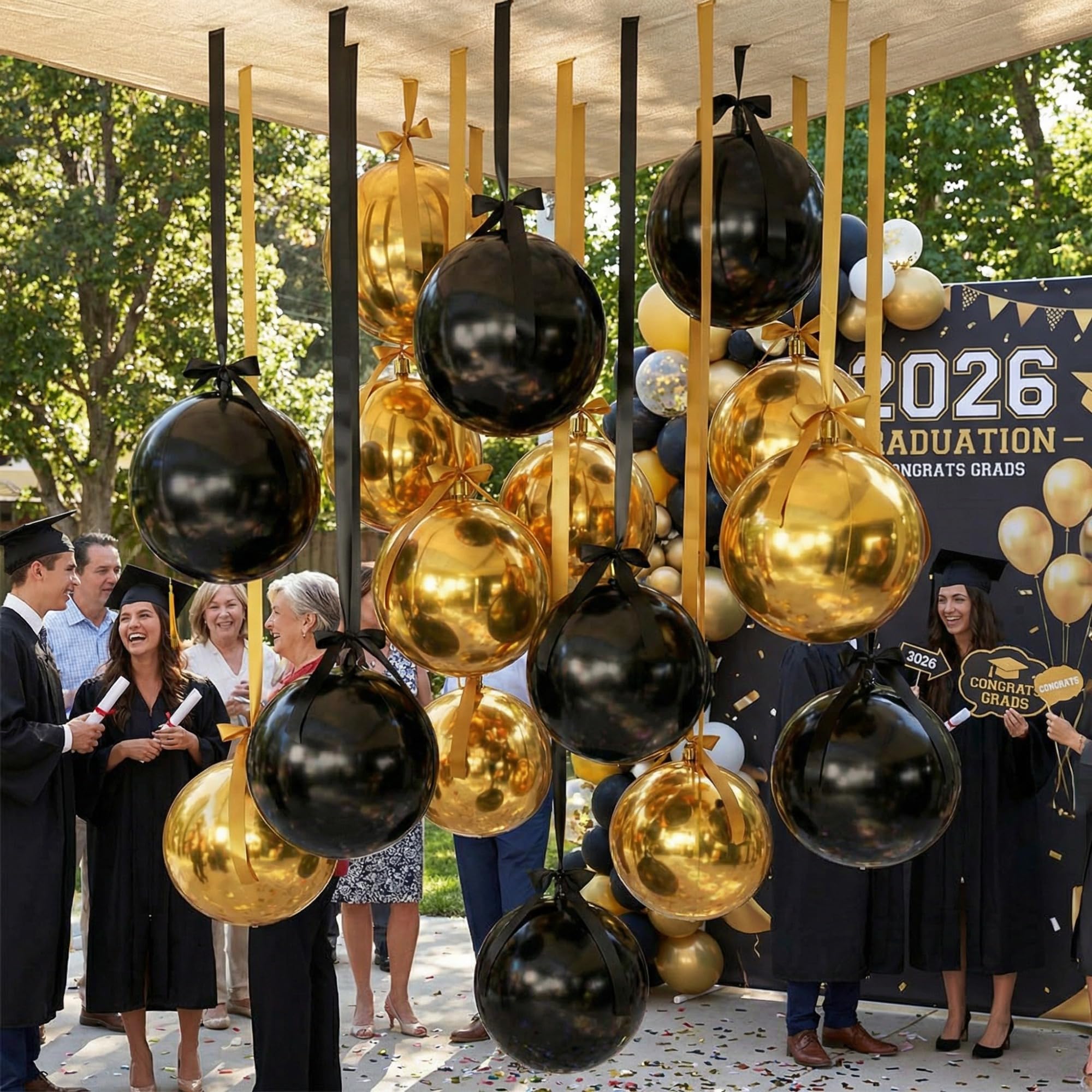 Jenaai 30x 22-Inch Black & Gold Round Foil Balloons with Satin Bows
