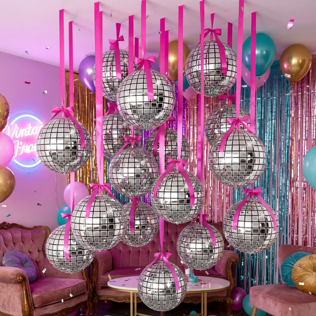 Jenaai 22-Inch Round Foil Balloons — 30-Pack with Satin Bows for Ceiling Decor (Disco)