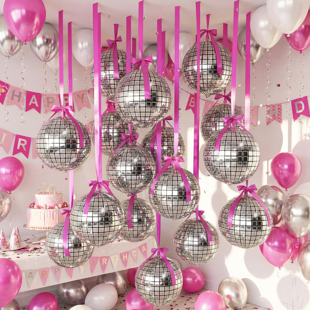 Jenaai 22-Inch Round Foil Balloons — 30-Pack with Satin Bows for Ceiling Decor (Disco)