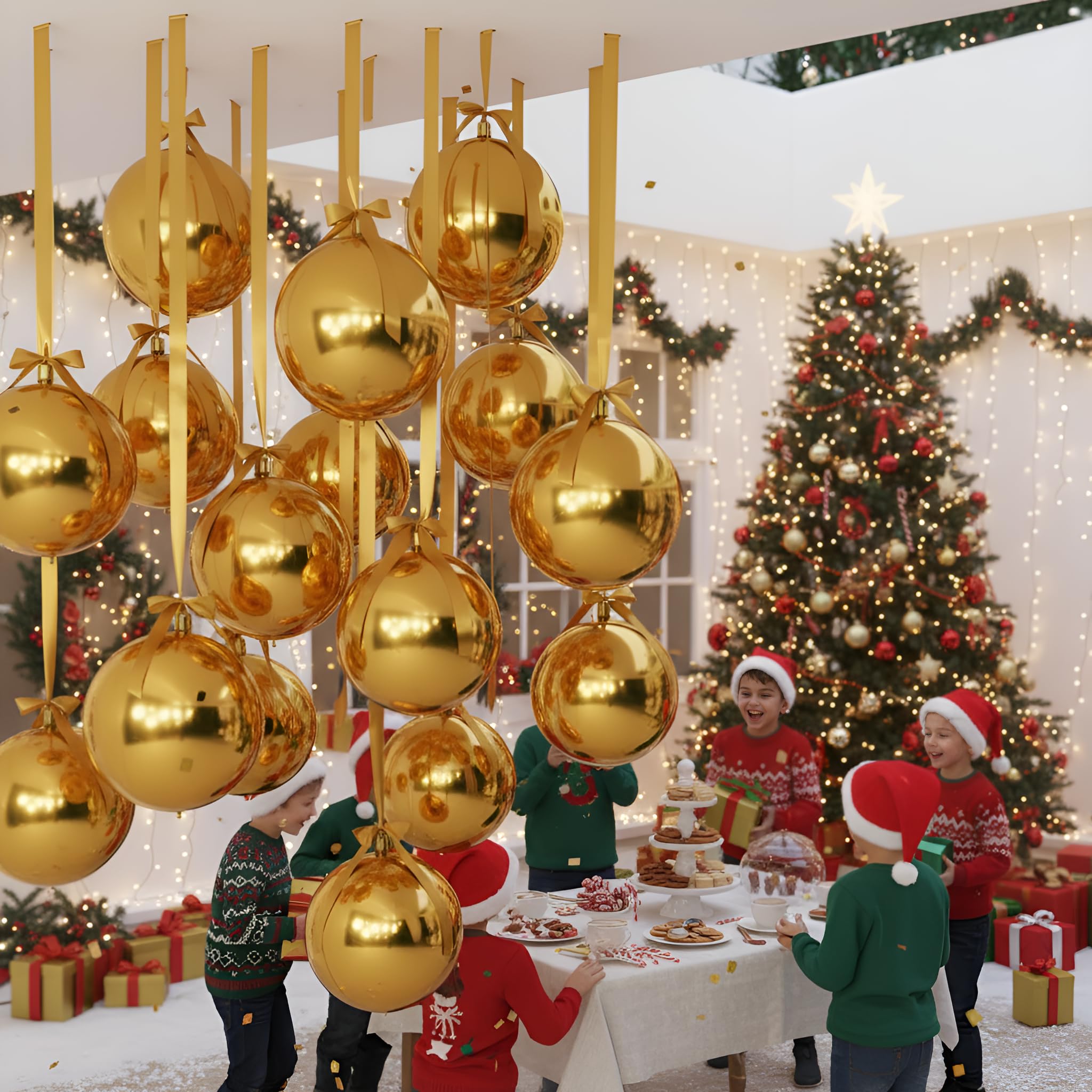 Jenaai 30-Set 22-Inch Gold 4D Round Foil Balloons with Satin Bows – Giant Ceiling Decor for Holidays & Celebrations