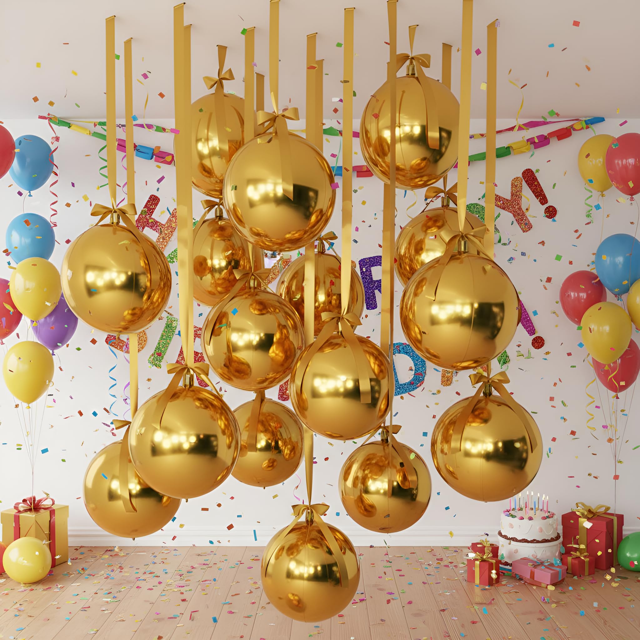 Jenaai 30-Set 22-Inch Gold 4D Round Foil Balloons with Satin Bows – Giant Ceiling Decor for Holidays & Celebrations