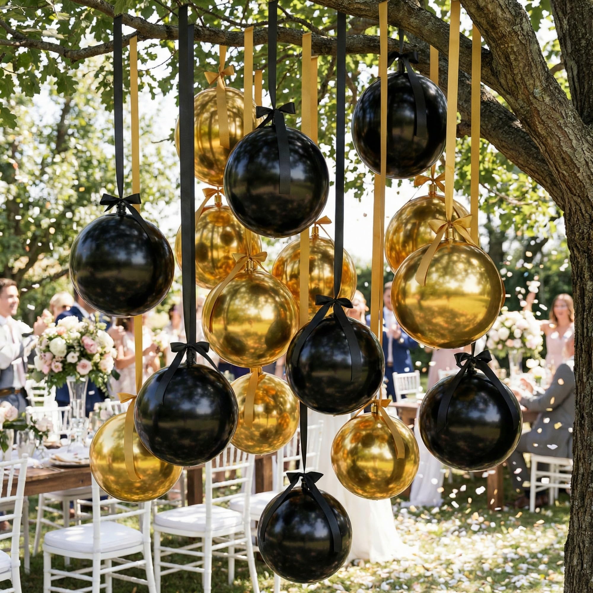 Jenaai 30x 22-Inch Black & Gold Round Foil Balloons with Satin Bows