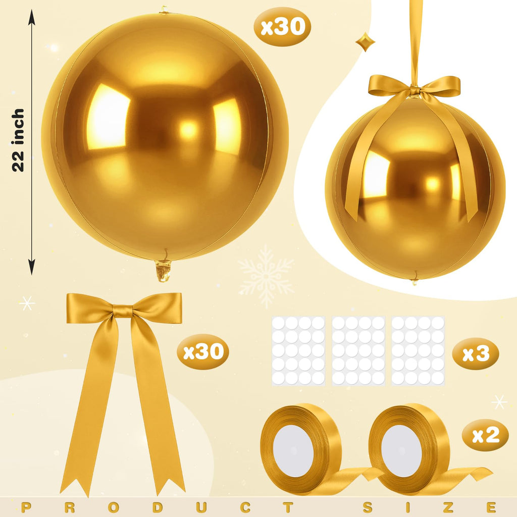 Jenaai 30-Set 22-Inch Gold 4D Round Foil Balloons with Satin Bows – Giant Ceiling Decor for Holidays & Celebrations