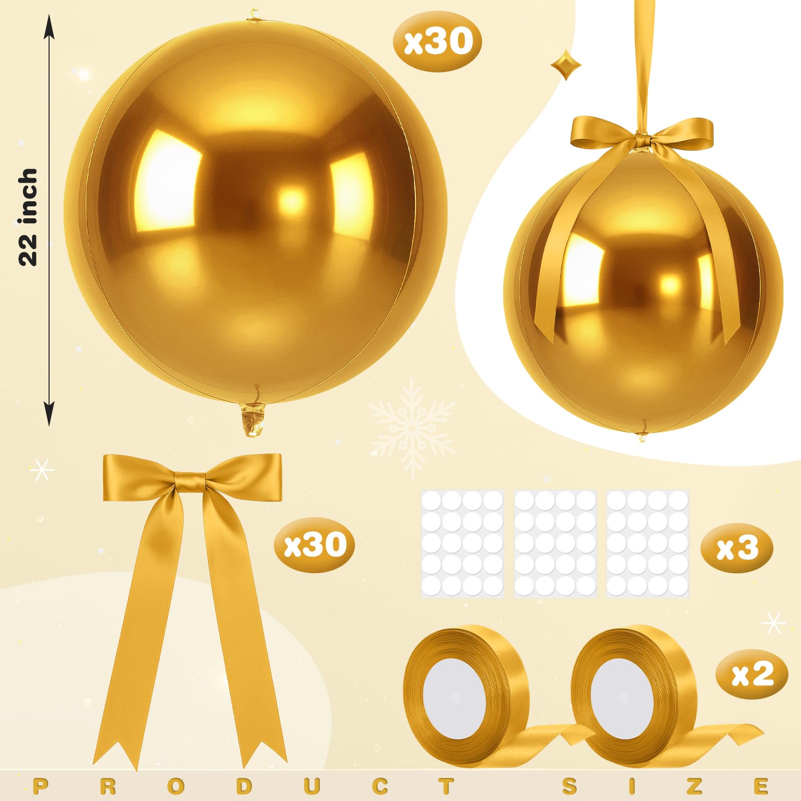Jenaai 30-Set 22-Inch Gold 4D Round Foil Balloons with Satin Bows – Giant Ceiling Decor for Holidays & Celebrations