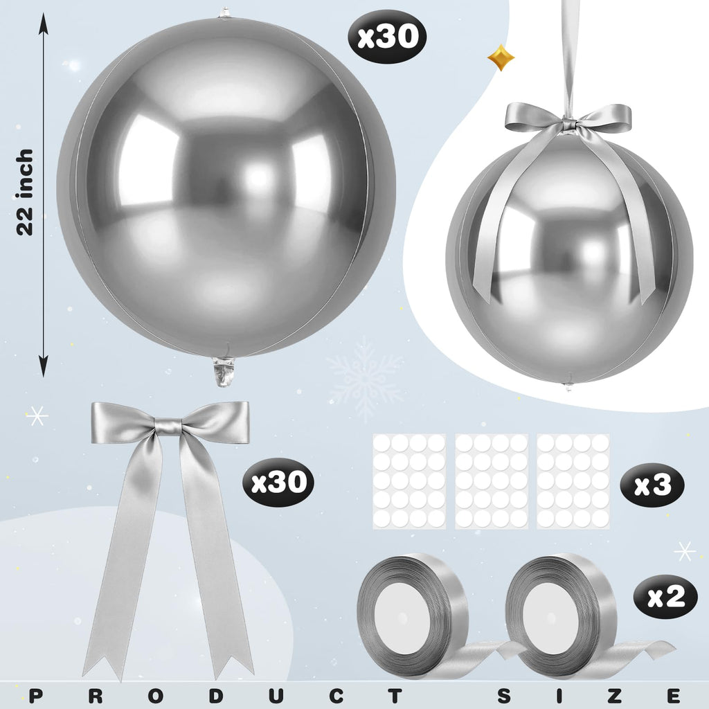 Jenaai 30-Count 22-Inch Silver Round Foil Balloons with Satin Bows – Giant Party Decoration Set