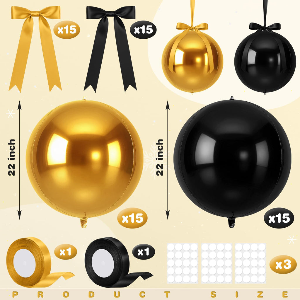 Jenaai 30x 22-Inch Black & Gold Round Foil Balloons with Satin Bows