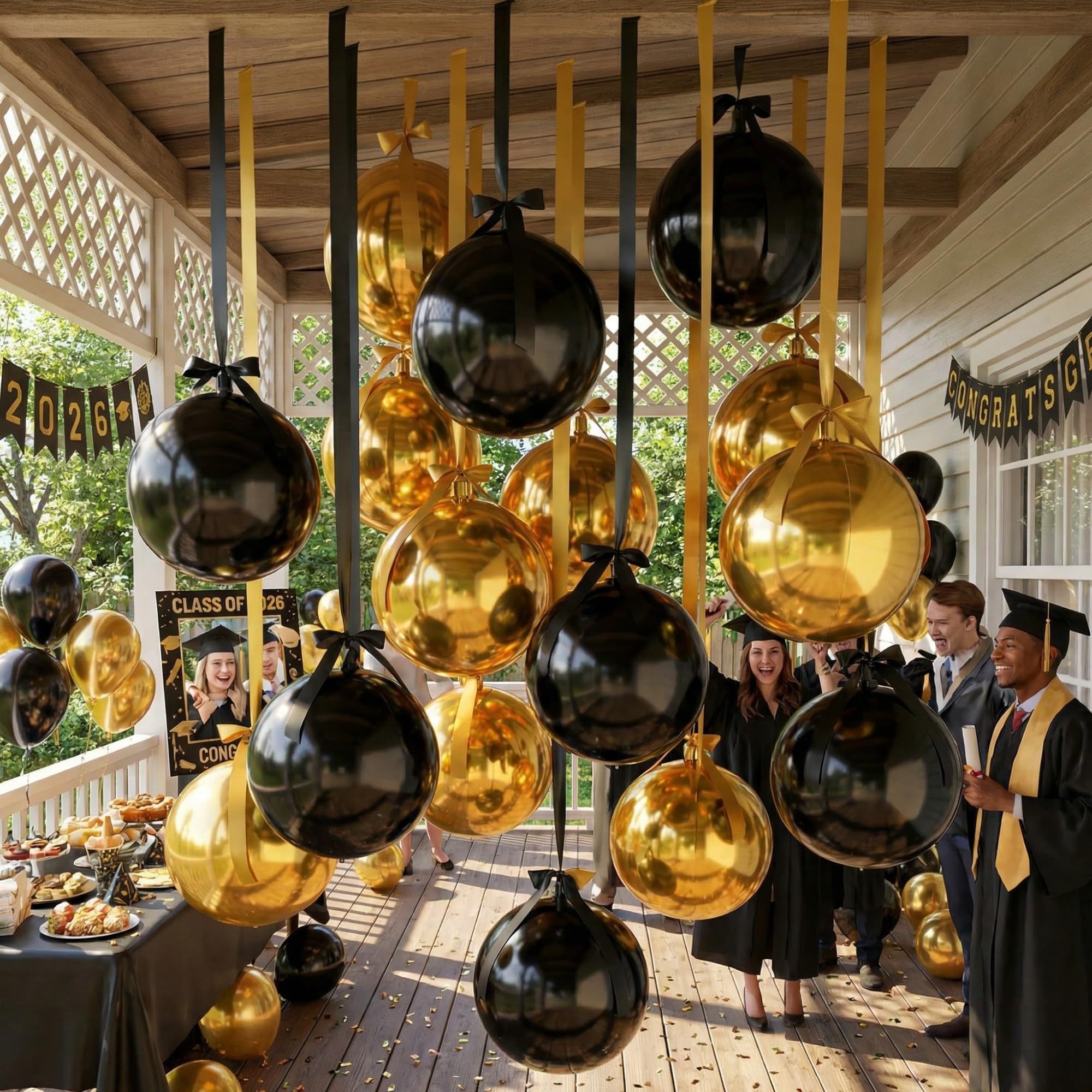 Jenaai 30x 22-Inch Black & Gold Round Foil Balloons with Satin Bows