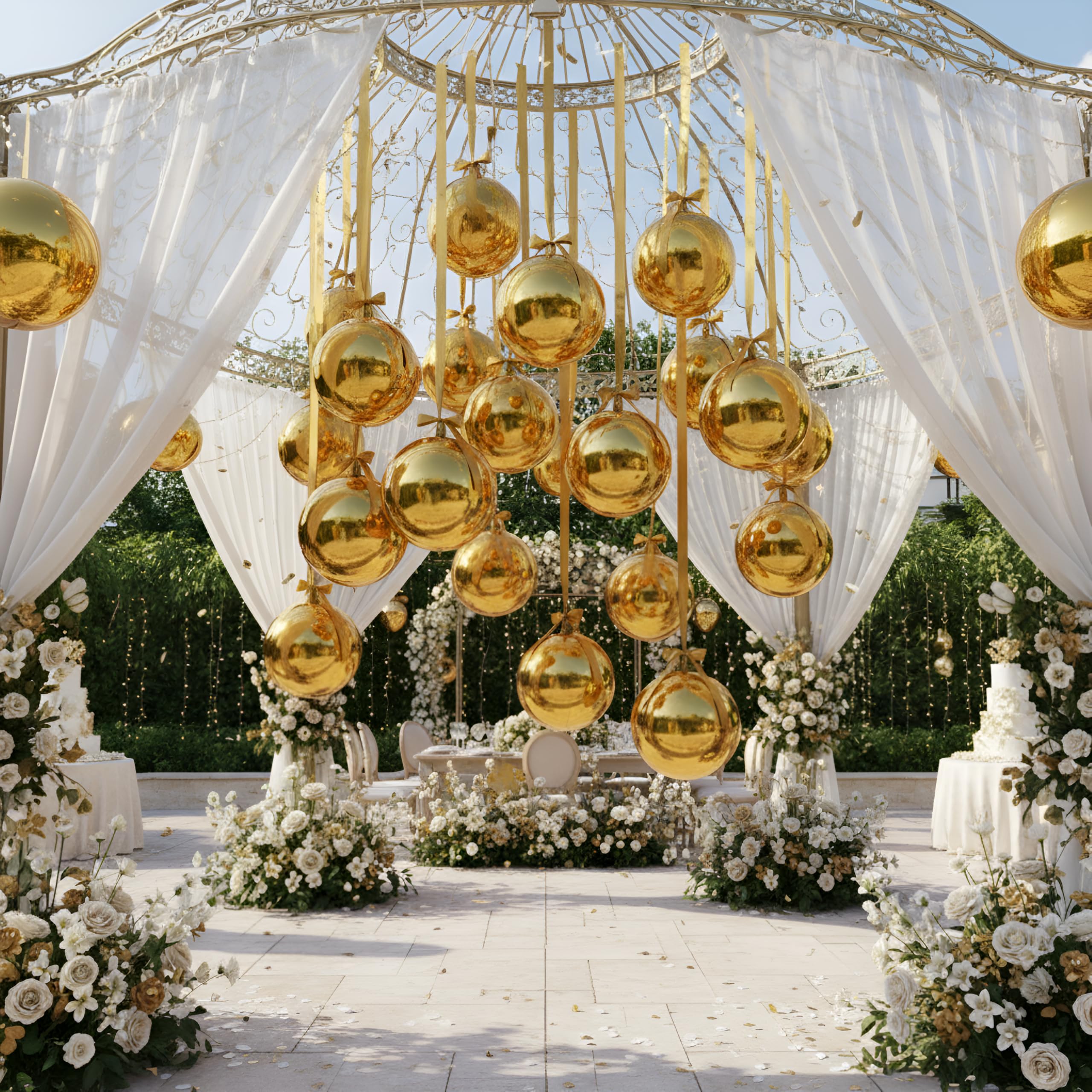 Jenaai 30-Set 22-Inch Gold 4D Round Foil Balloons with Satin Bows – Giant Ceiling Decor for Holidays & Celebrations