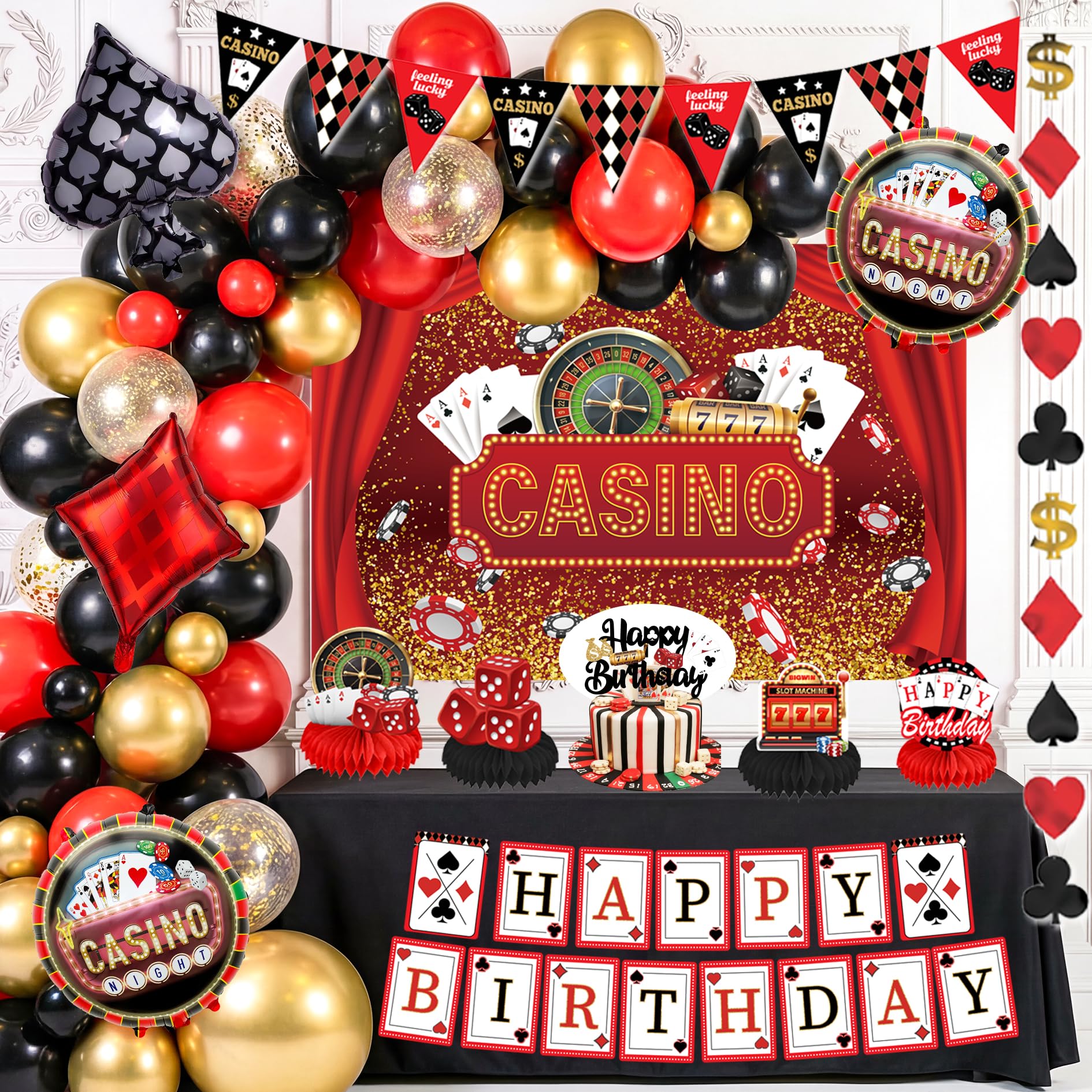 Jenlion Casino Theme Party Decorations – Las Vegas Backdrop, Happy Birthday Banner & Honeycomb Centerpieces