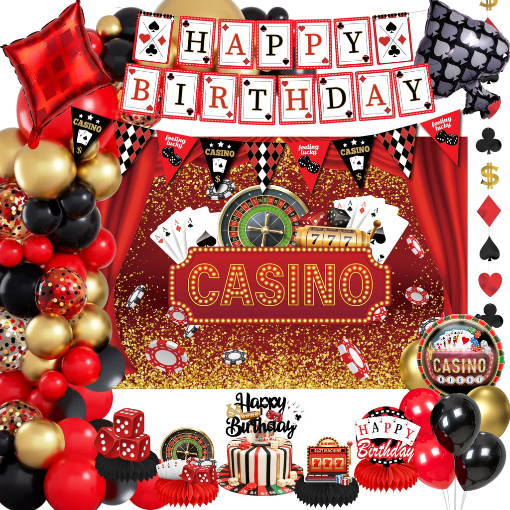 Jenlion Casino Theme Party Decorations – Las Vegas Backdrop, Happy Birthday Banner & Honeycomb Centerpieces