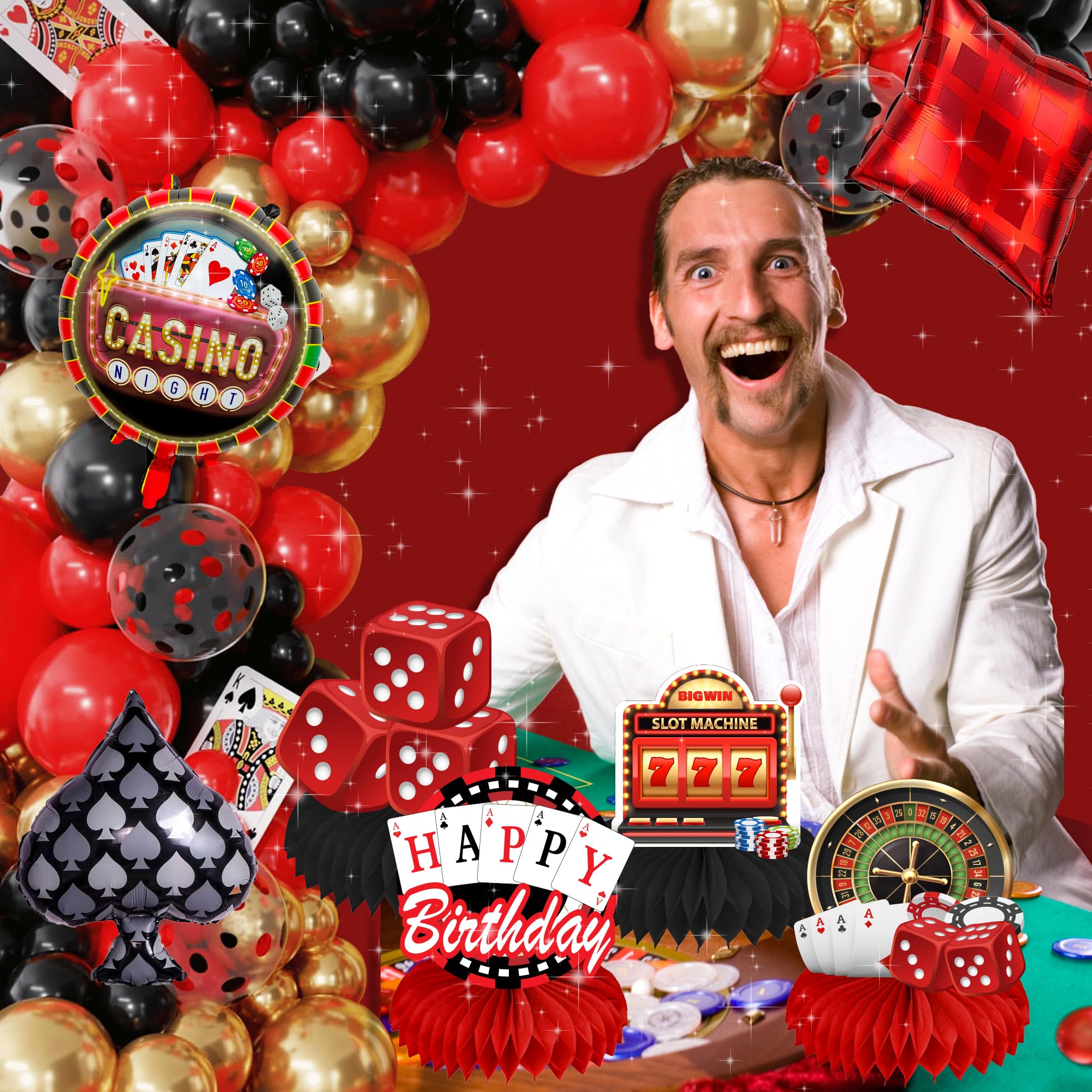 Jenlion Casino Theme Party Decorations – Las Vegas Backdrop, Happy Birthday Banner & Honeycomb Centerpieces