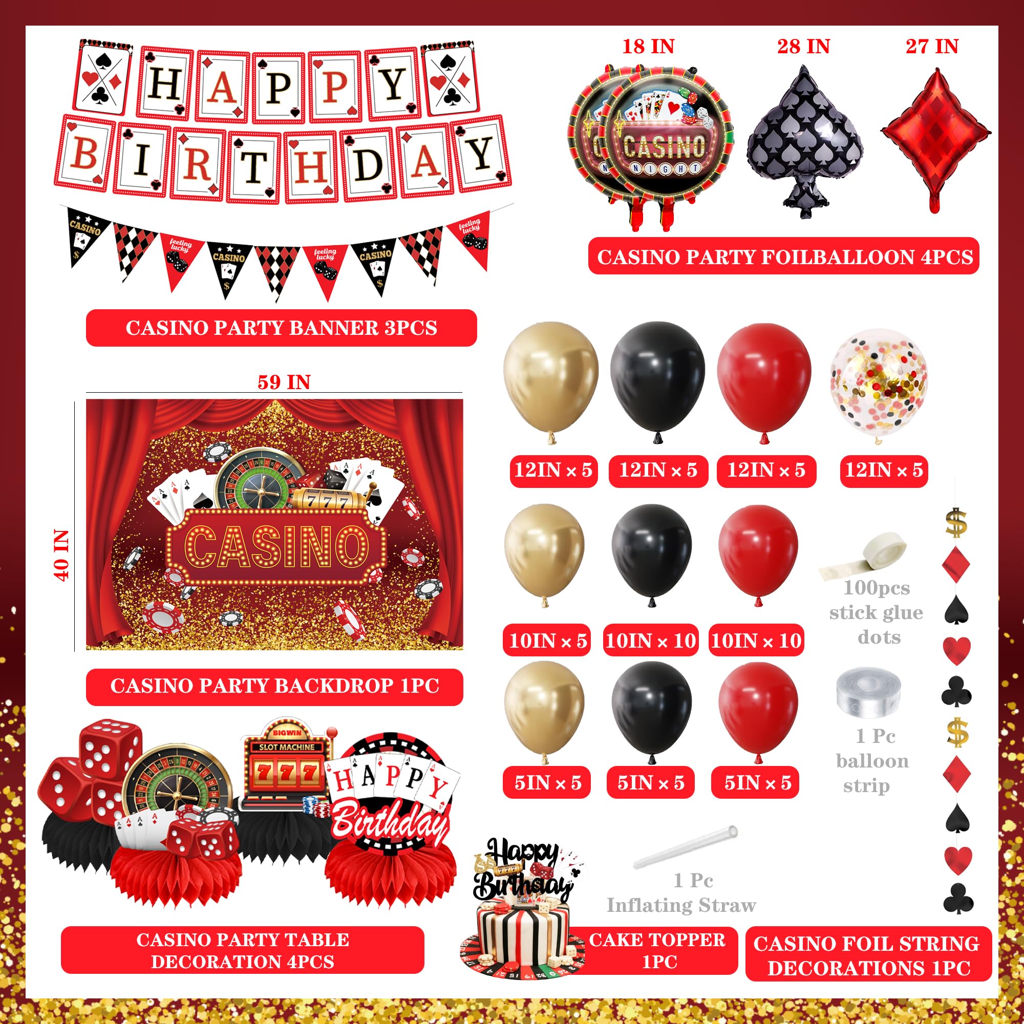 Jenlion Casino Theme Party Decorations – Las Vegas Backdrop, Happy Birthday Banner & Honeycomb Centerpieces