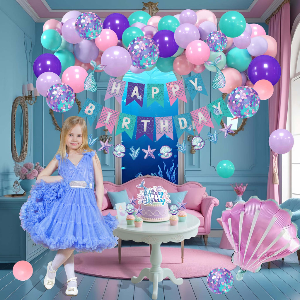 Jenmir Mermaid Birthday Decorations for Girls | Fringe Curtains, Happy Birthday Banner, Red Balloons