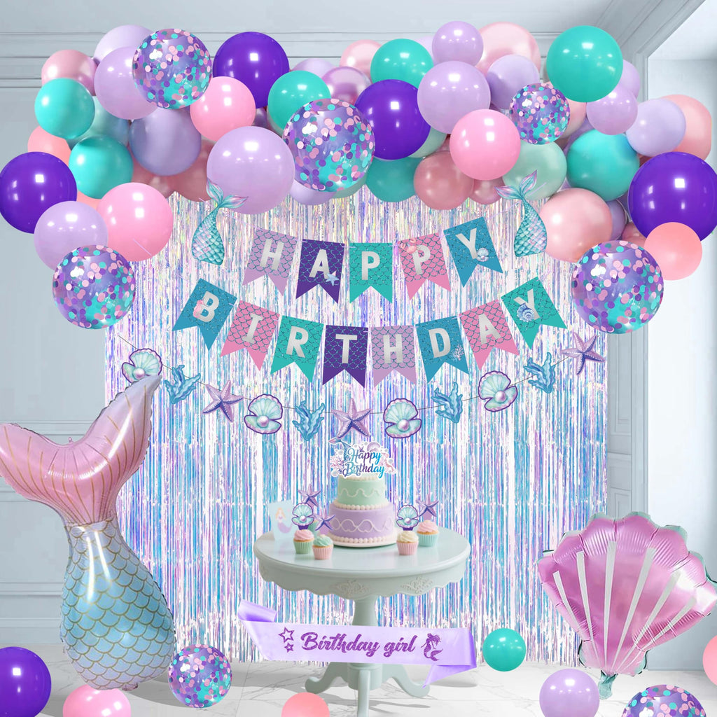 Jenmir Mermaid Birthday Decorations for Girls | Fringe Curtains, Happy Birthday Banner, Red Balloons