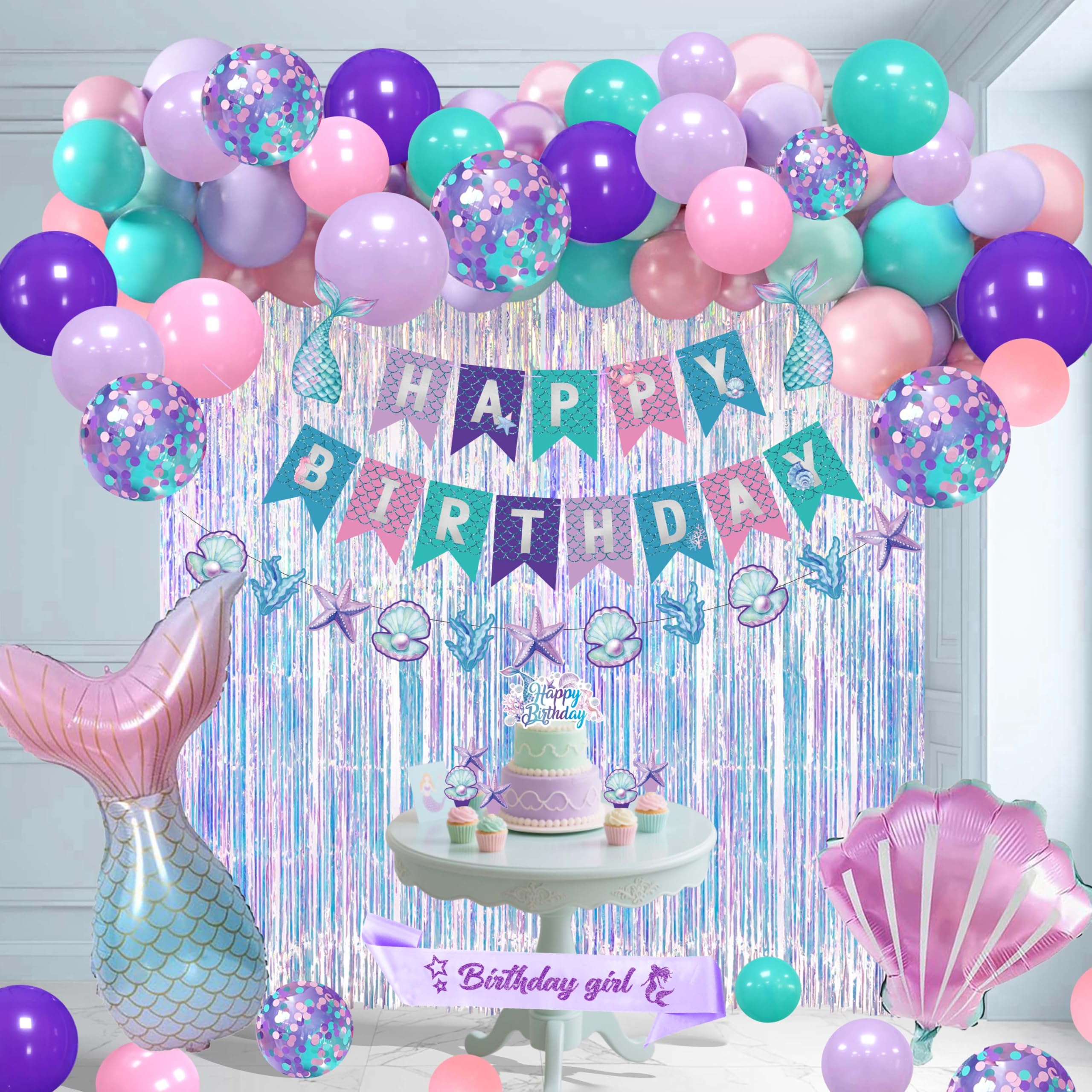 Jenmir Mermaid Birthday Decorations for Girls | Fringe Curtains, Happy Birthday Banner, Red Balloons
